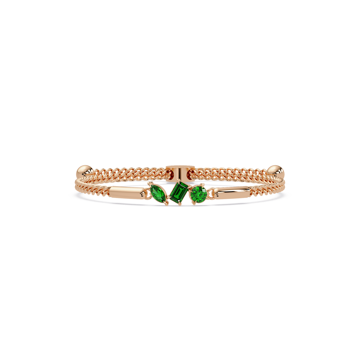 Three-stone mixed-cut colorstone hinged bangle in rose gold with green stones