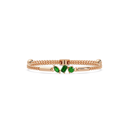 Three-stone mixed-cut colorstone hinged bangle in rose gold with green stones