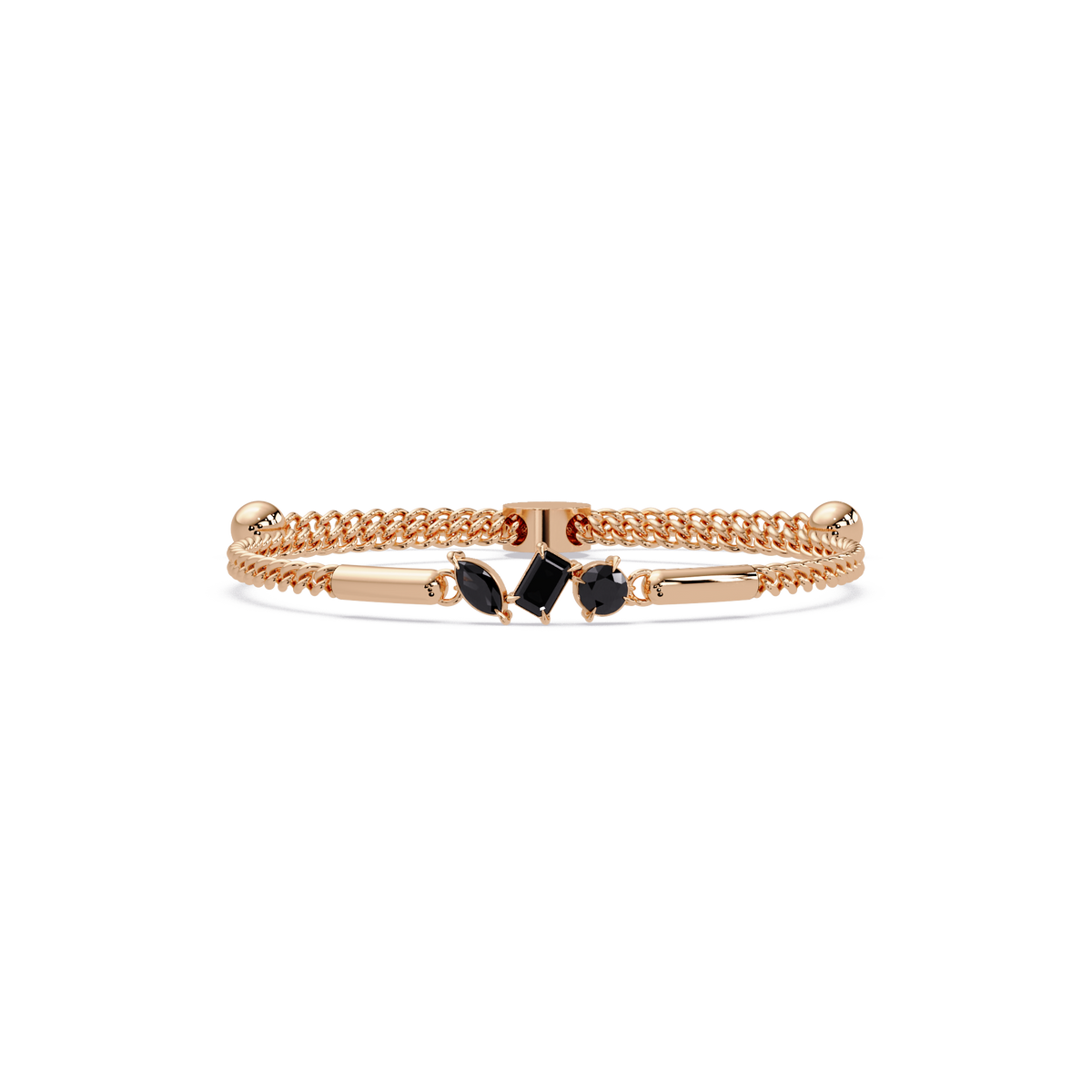 Three-stone mixed-cut colorstone hinged bangle in rose gold with onyx stones