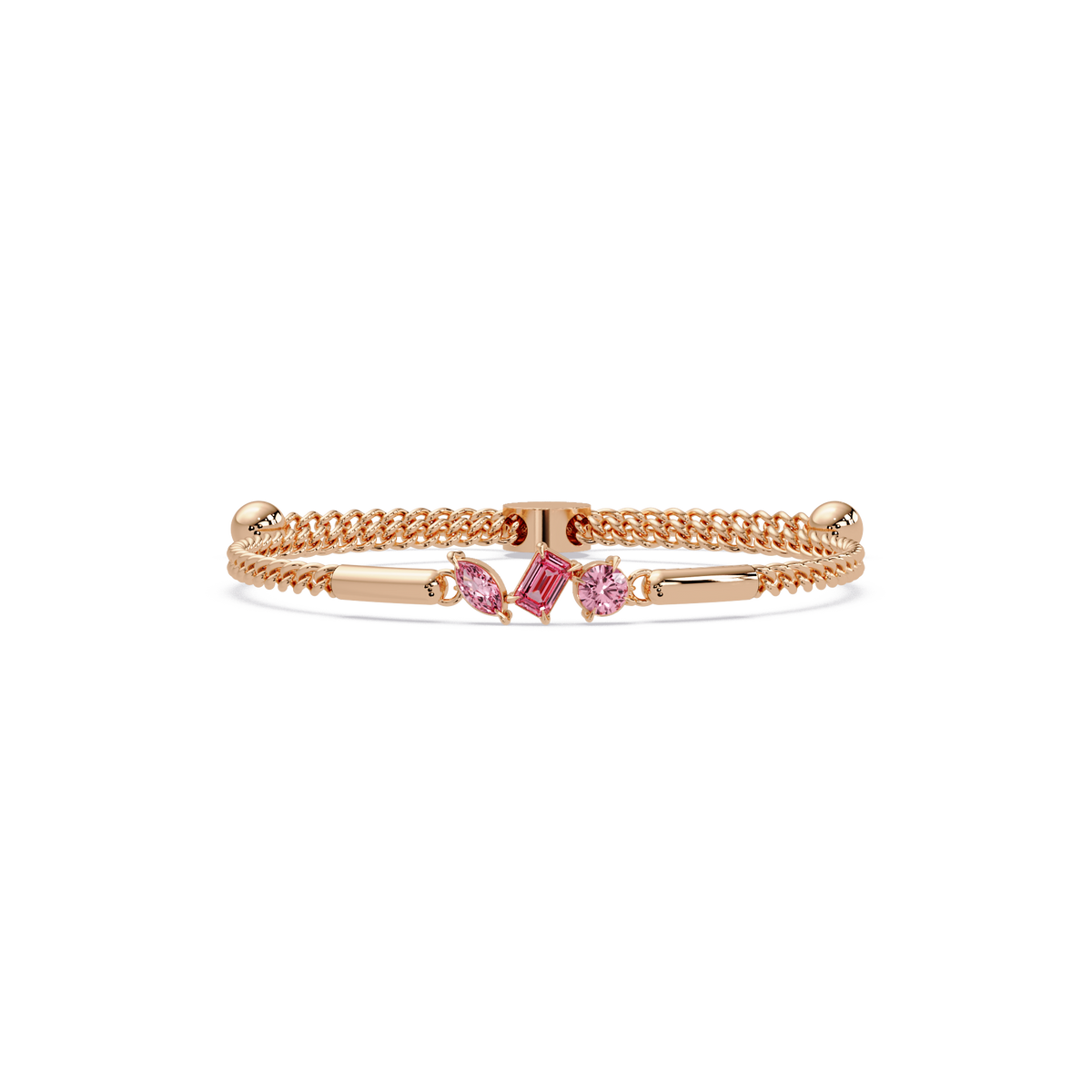 Three-stone mixed-cut colorstone hinged bangle in rose gold with pink stones