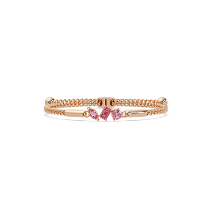Three-stone mixed-cut colorstone hinged bangle in rose gold with pink stones