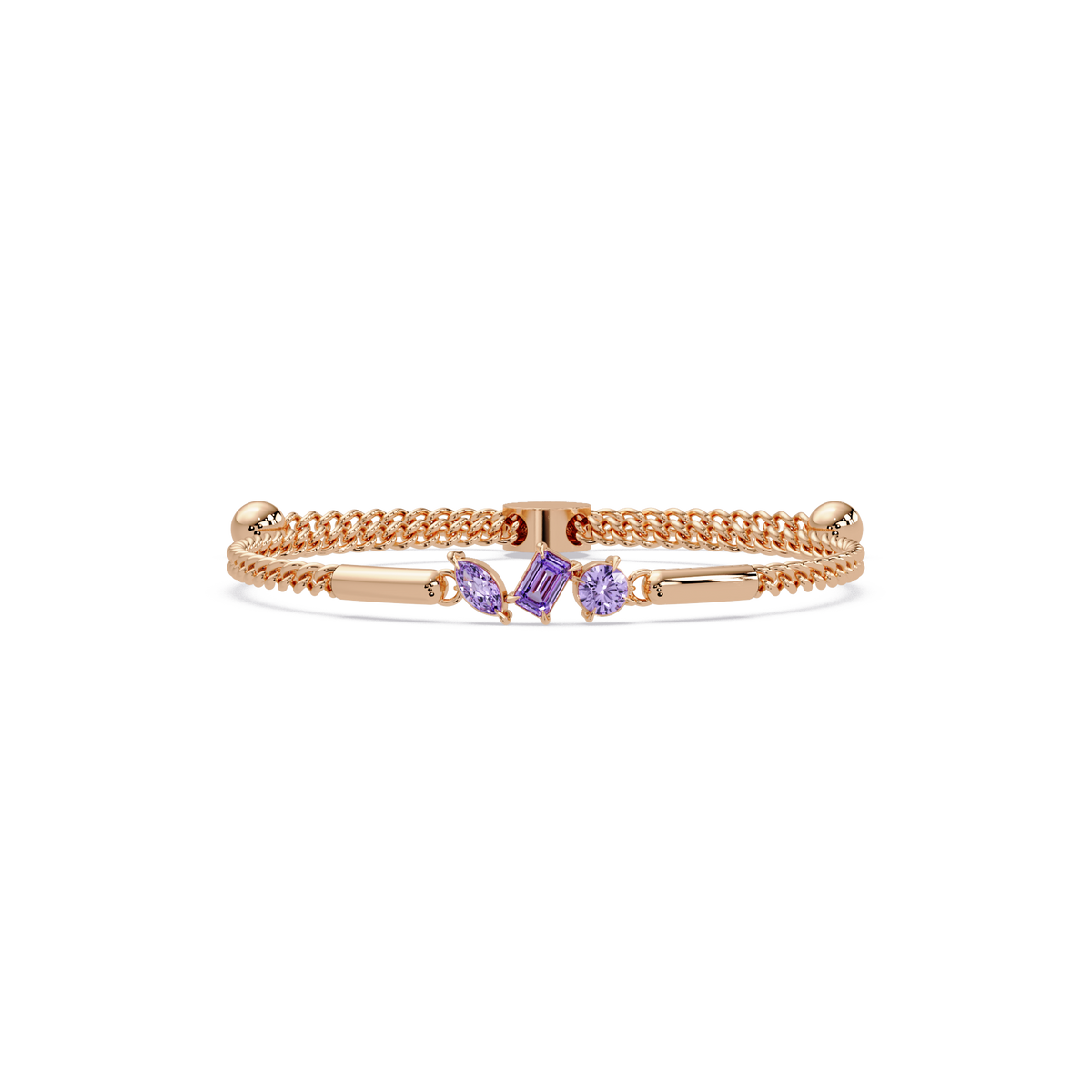 Three-stone mixed-cut colorstone hinged bangle in rose gold with purple stones