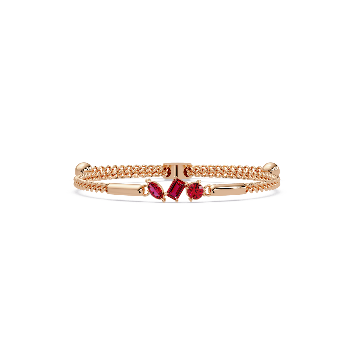 Three-stone mixed-cut colorstone hinged bangle in rose gold with red stones