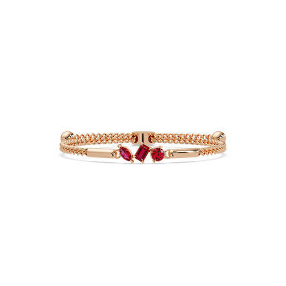 Three-stone mixed-cut colorstone hinged bangle in rose gold with red stones