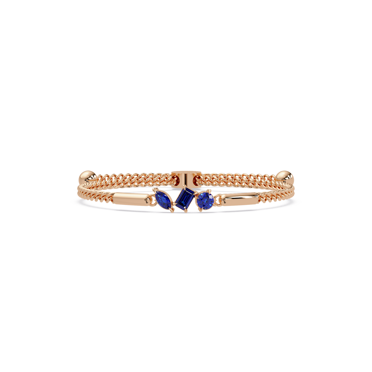 Three-stone mixed-cut colorstone hinged bangle in rose gold with sapphire stones
