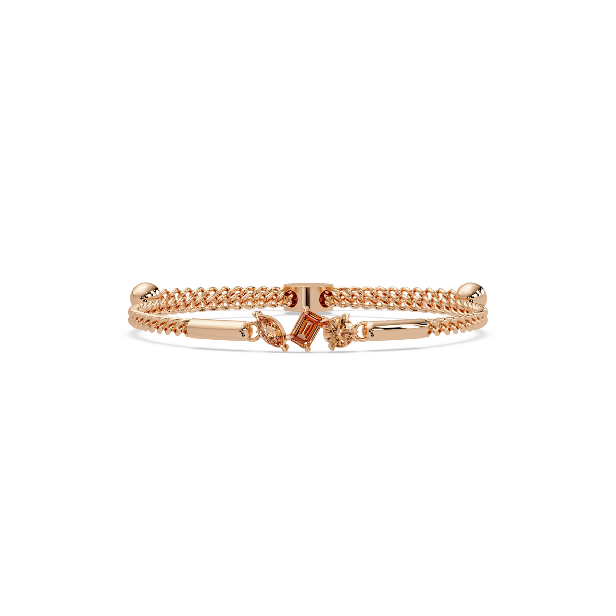 Three-stone mixed-cut colorstone hinged bangle in rose gold with topaz stones