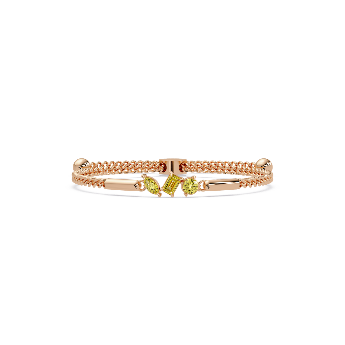 Three-stone mixed-cut colorstone hinged bangle in rose gold with yellow stones