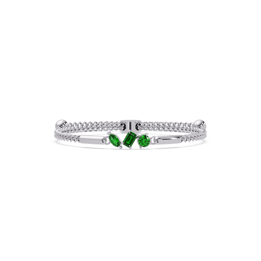 Three-stone mixed-cut colorstone hinged bangle in white gold with green stones