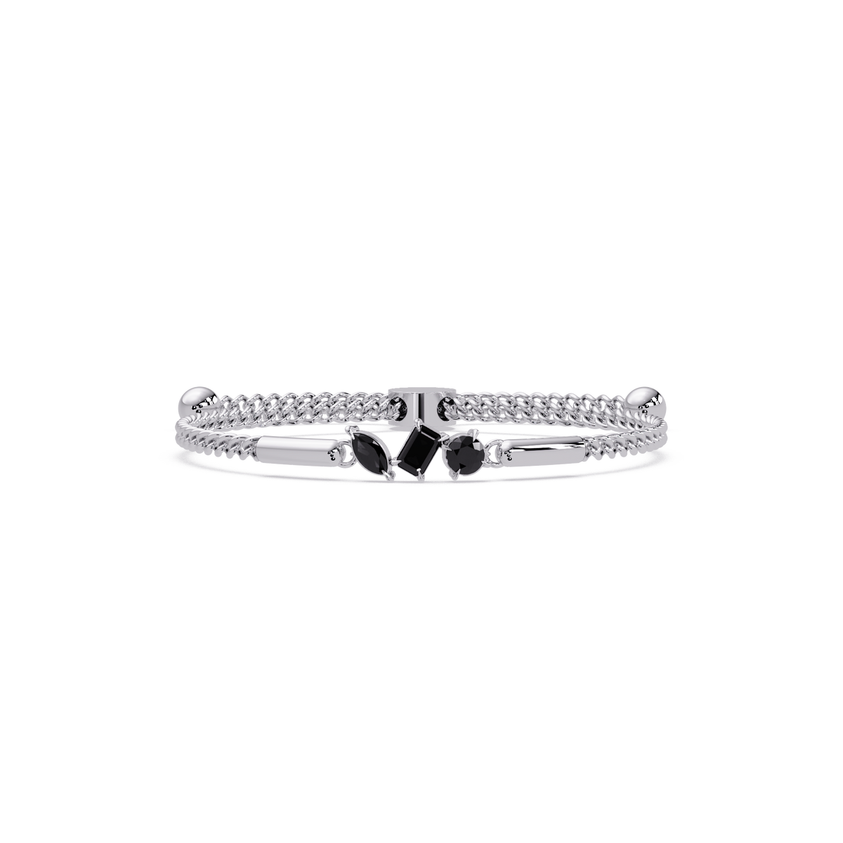 Three-stone mixed-cut colorstone hinged bangle in white gold with onyx stones