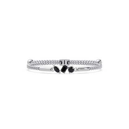 Three-stone mixed-cut colorstone hinged bangle in white gold with onyx stones