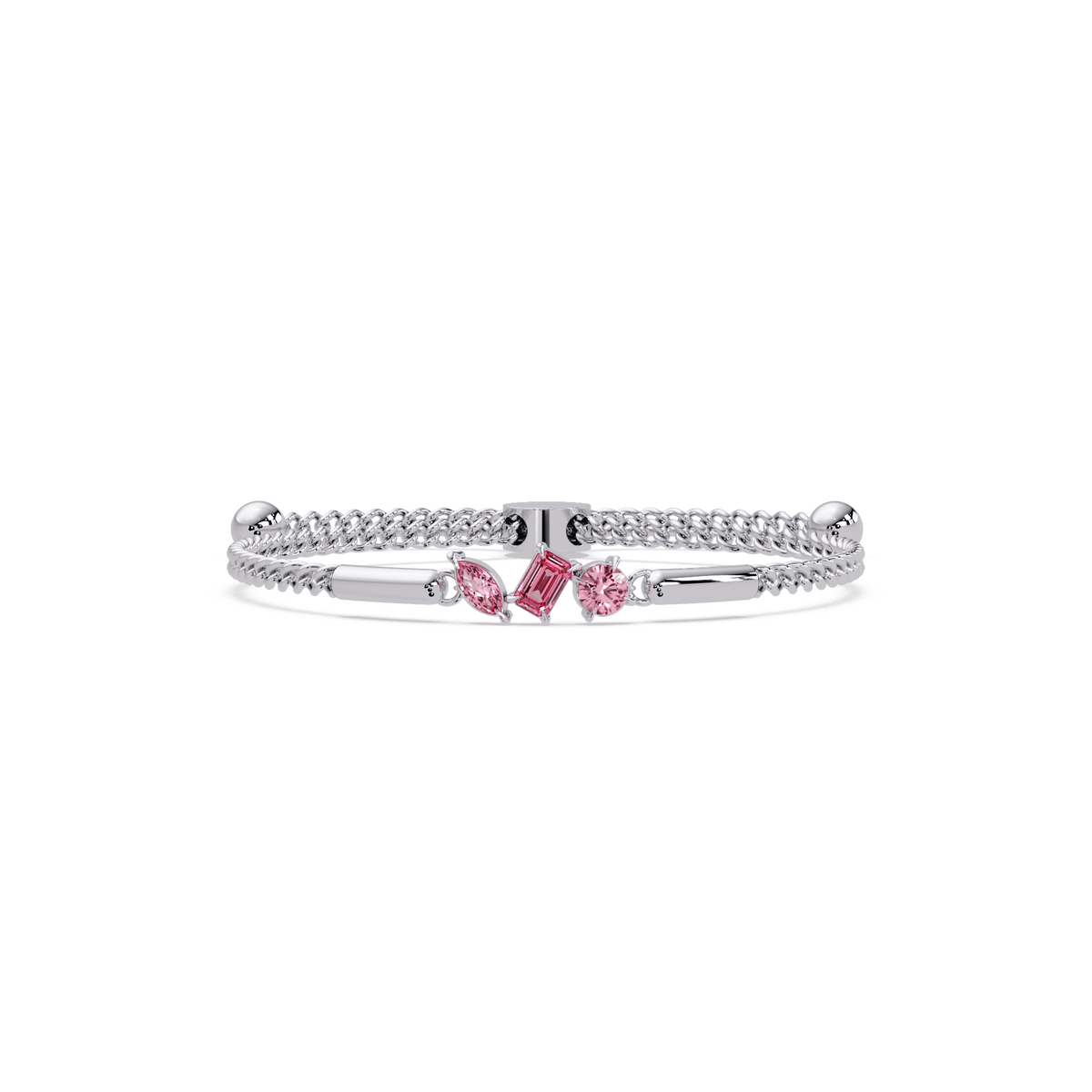Three-stone mixed-cut colorstone hinged bangle in white gold with pink stones