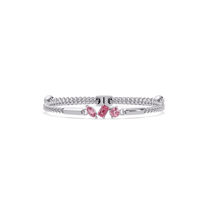 Three-stone mixed-cut colorstone hinged bangle in white gold with pink stones