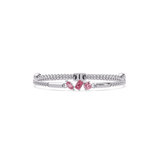 Three-stone mixed-cut colorstone hinged bangle in white gold with pink stones