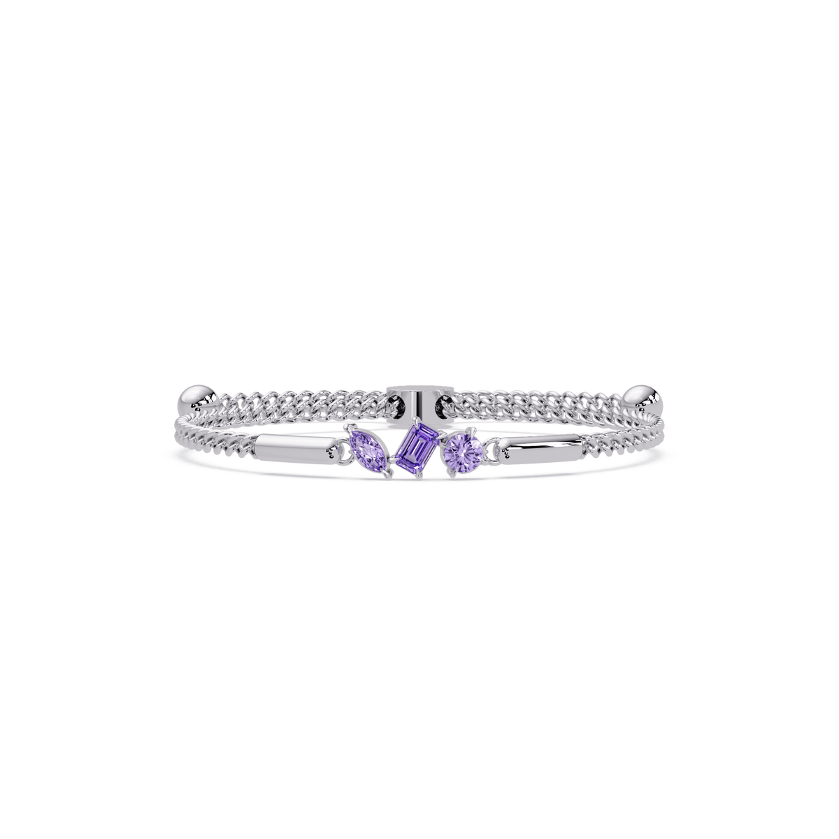 Three-stone mixed-cut colorstone hinged bangle in white gold with purple stones