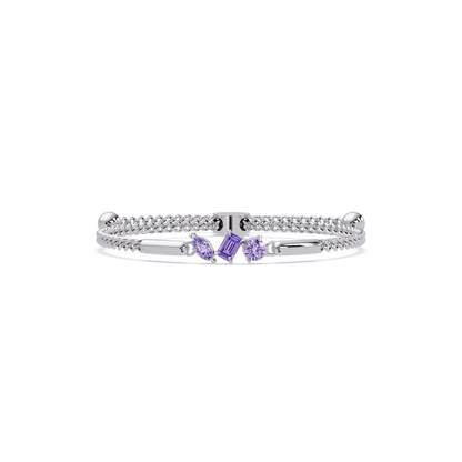 Three-stone mixed-cut colorstone hinged bangle in white gold with purple stones