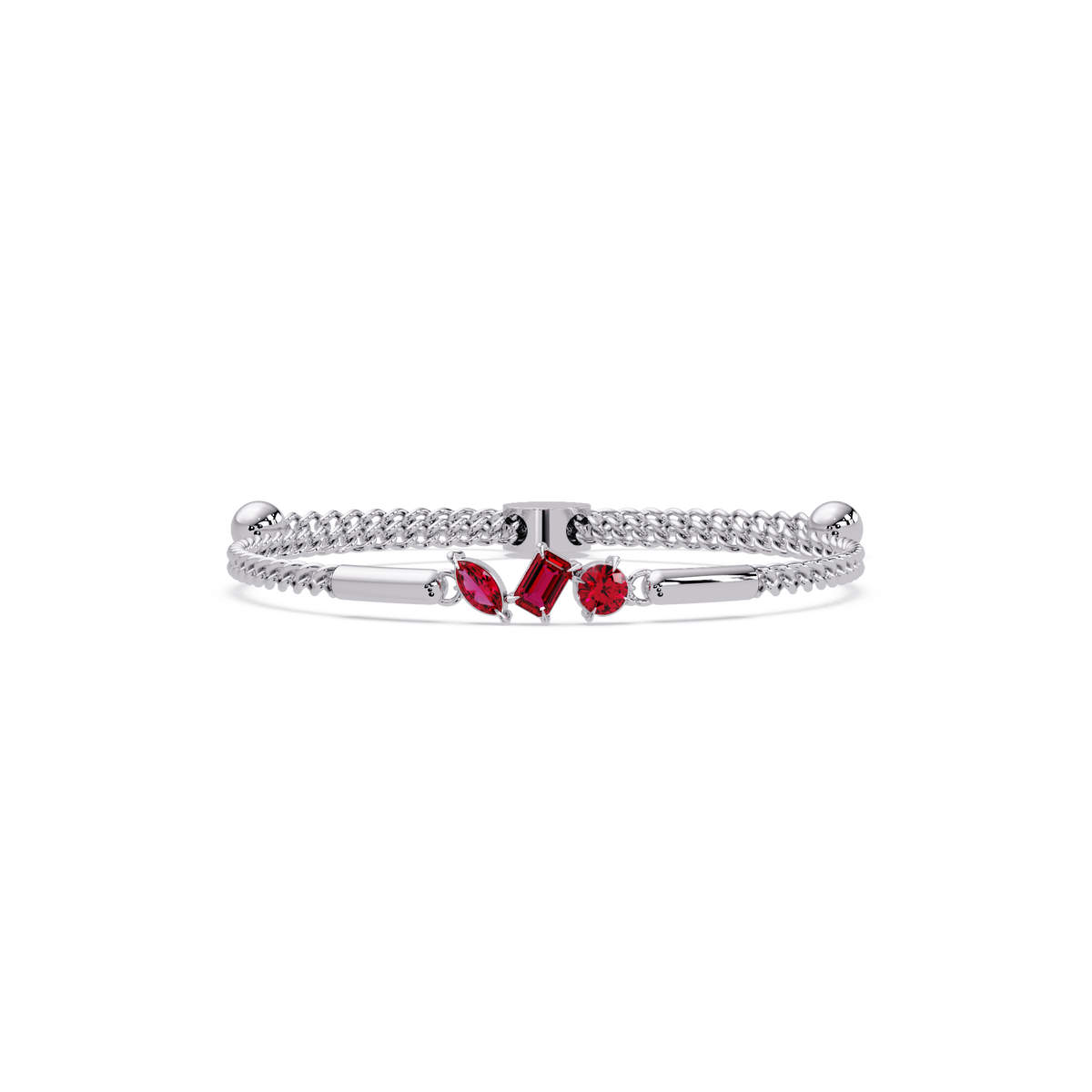 Three-stone mixed-cut colorstone hinged bangle in white gold with red stones