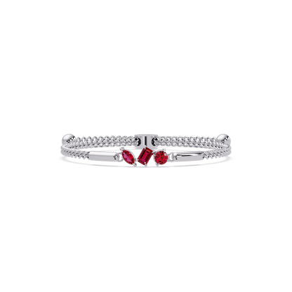 Three-stone mixed-cut colorstone hinged bangle in white gold with red stones