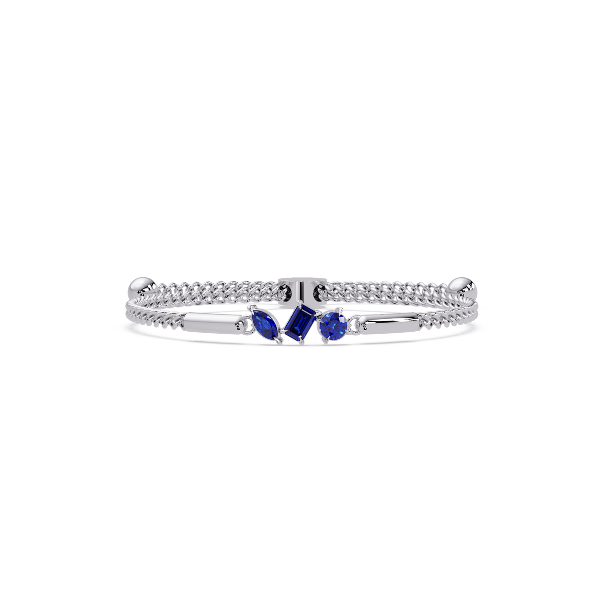 Three-stone mixed-cut colorstone hinged bangle in white gold with sapphire stones