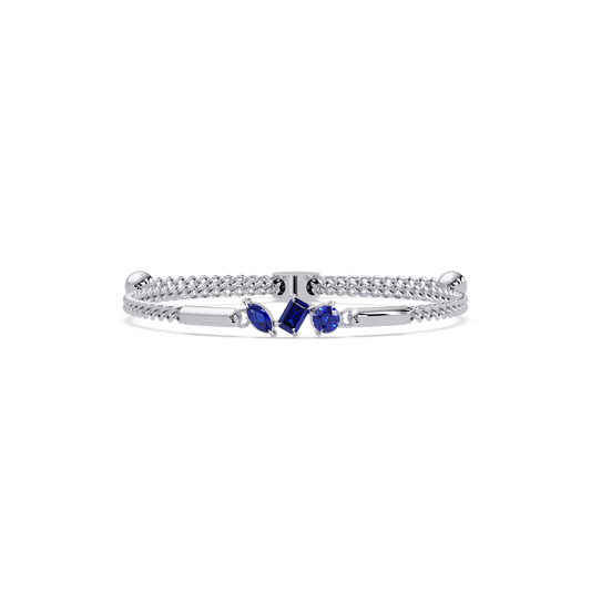 Three-stone mixed-cut colorstone hinged bangle in white gold with sapphire stones