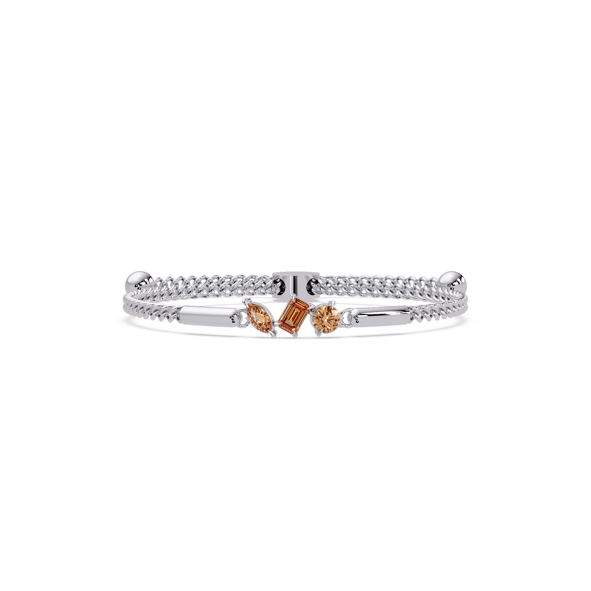 Three-stone mixed-cut colorstone hinged bangle in white gold with topaz stones