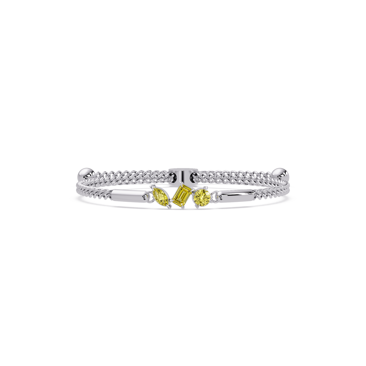 Three-stone mixed-cut colorstone hinged bangle in white gold with yellow stones