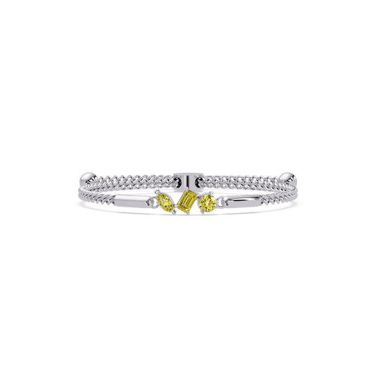 Three-stone mixed-cut colorstone hinged bangle in white gold with yellow stones