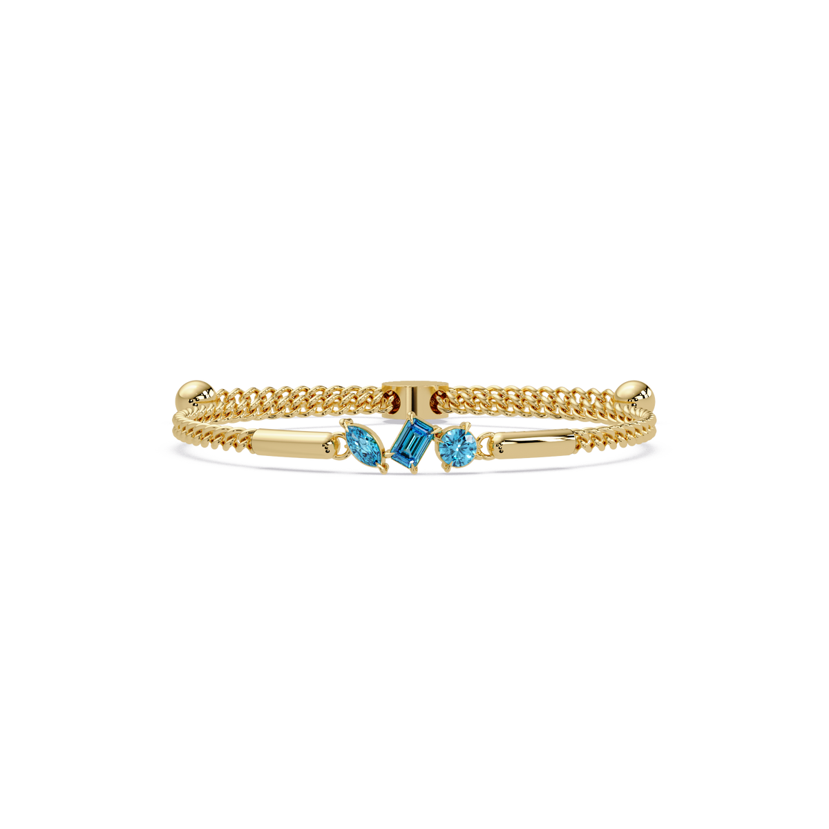 Three-stone mixed-cut colorstone hinged bangle in yellow gold with aquamarine stones