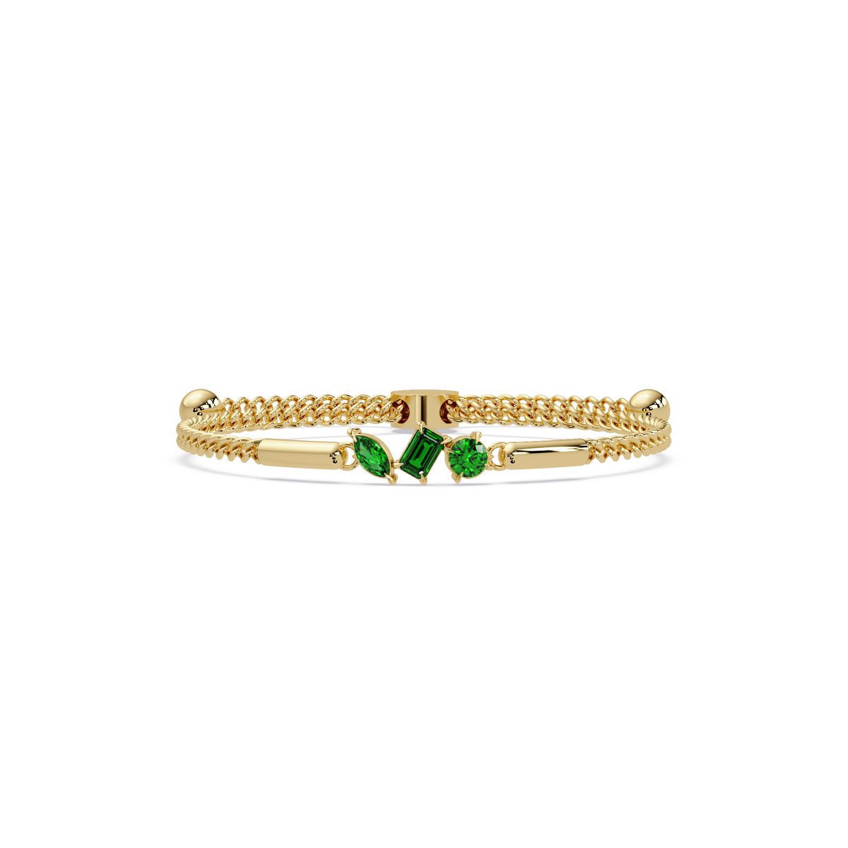 Three-stone mixed-cut colorstone hinged bangle in yellow gold with green stones