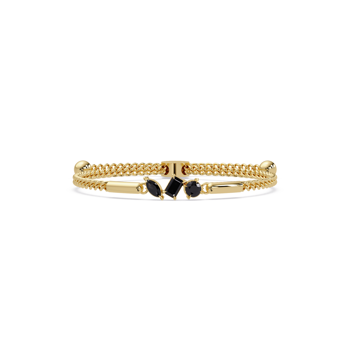Three-stone mixed-cut colorstone hinged bangle in yellow gold with onyx stones