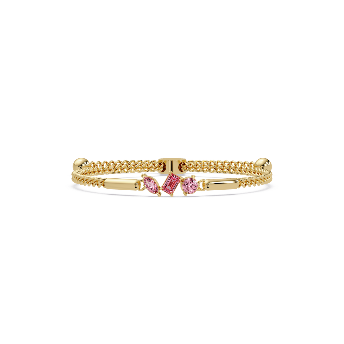 Three-stone mixed-cut colorstone hinged bangle in yellow gold with pink stones