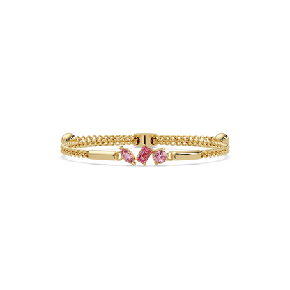 Three-stone mixed-cut colorstone hinged bangle in yellow gold with pink stones