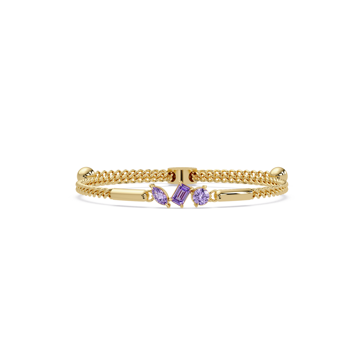 Three-stone mixed-cut colorstone hinged bangle in yellow gold with purple stones
