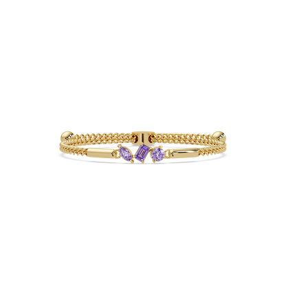Three-stone mixed-cut colorstone hinged bangle in yellow gold with purple stones