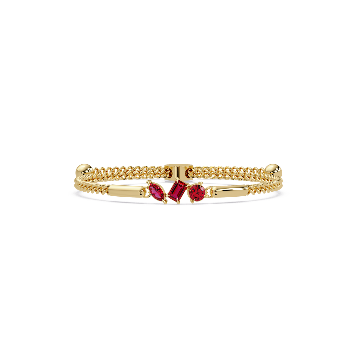 Three-stone mixed-cut colorstone hinged bangle in yellow gold with red stones