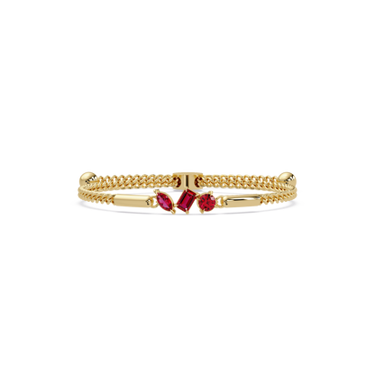Three-stone mixed-cut colorstone hinged bangle in yellow gold with red stones