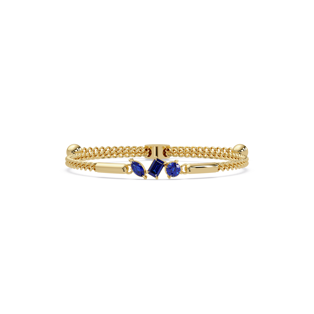Three-stone mixed-cut colorstone hinged bangle in yellow gold with sapphire stones
