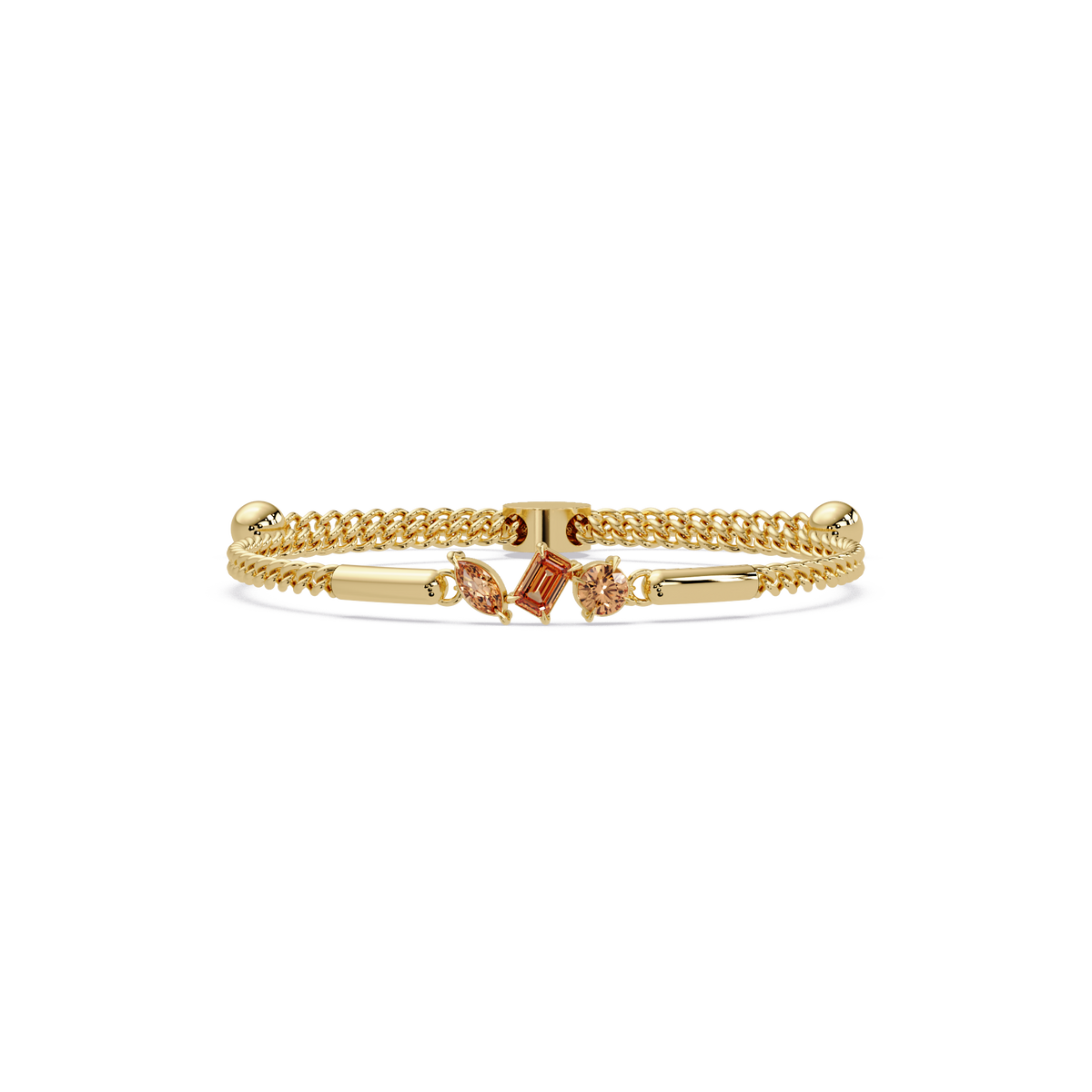 Three-stone mixed-cut colorstone hinged bangle in yellow gold with topaz stones