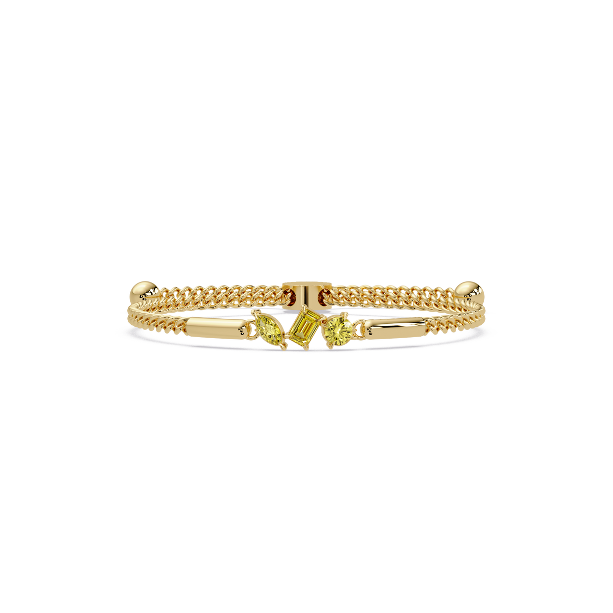 Three-stone mixed-cut colorstone hinged bangle in yellow gold with yellow stones