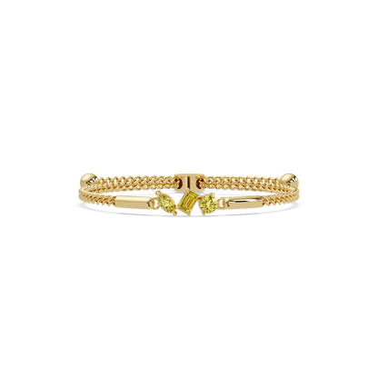 Three-stone mixed-cut colorstone hinged bangle in yellow gold with yellow stones