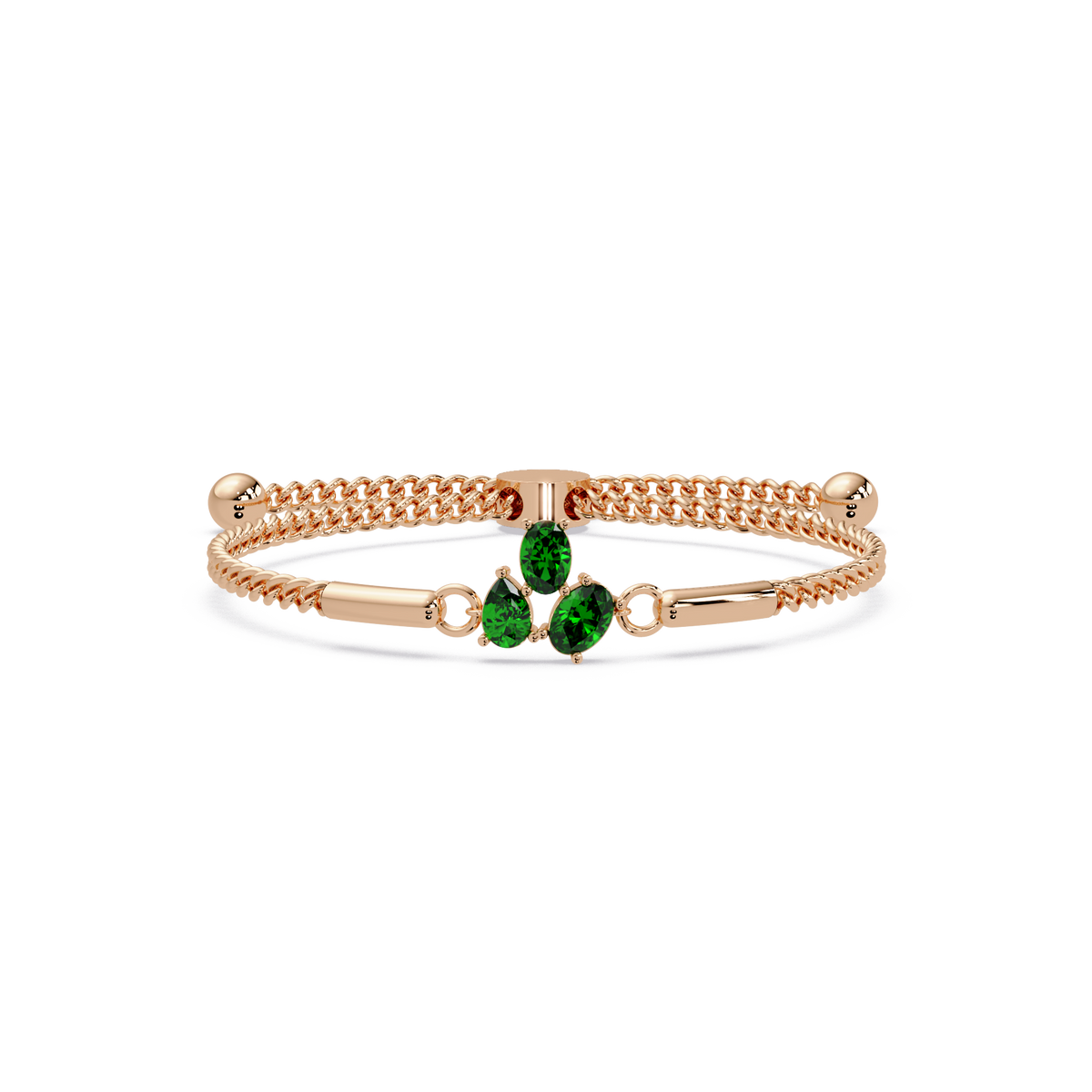 Three-stone pear and oval colorstone hinged bangle in rose gold with green stones