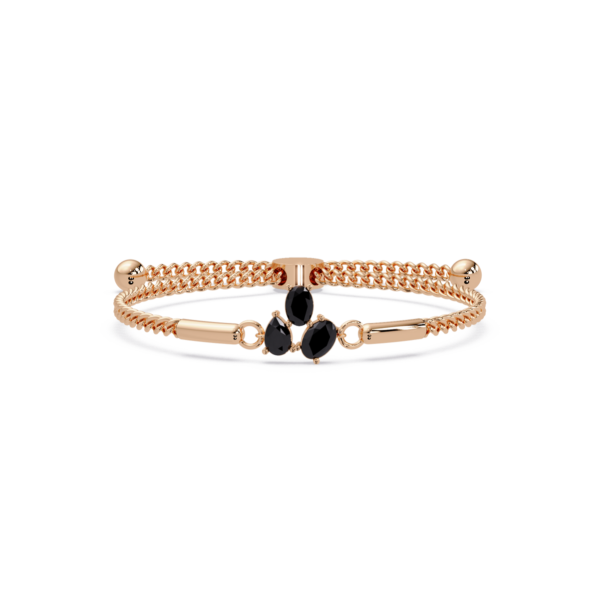 Three-stone pear and oval colorstone hinged bangle in rose gold with onyx stones