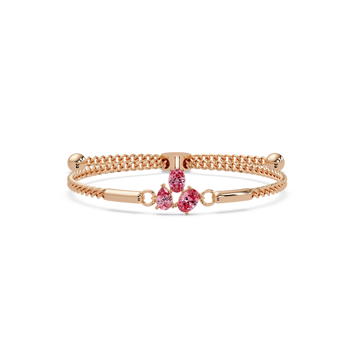 Three-stone pear and oval colorstone hinged bangle in rose gold with pink stones