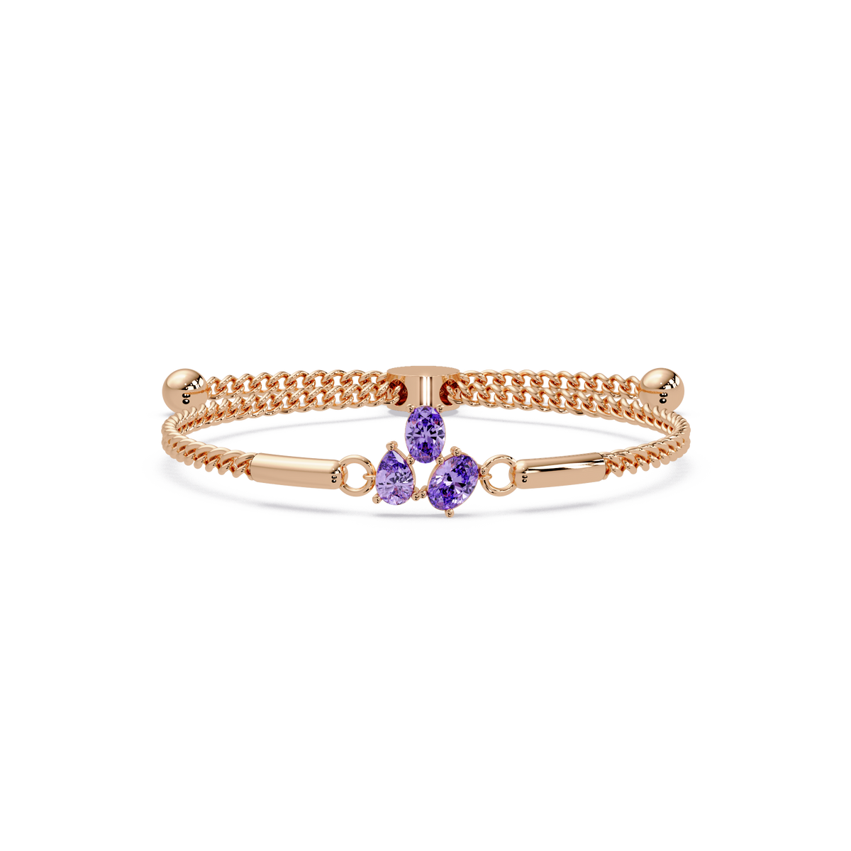 Three-stone pear and oval colorstone hinged bangle in rose gold with purple stones