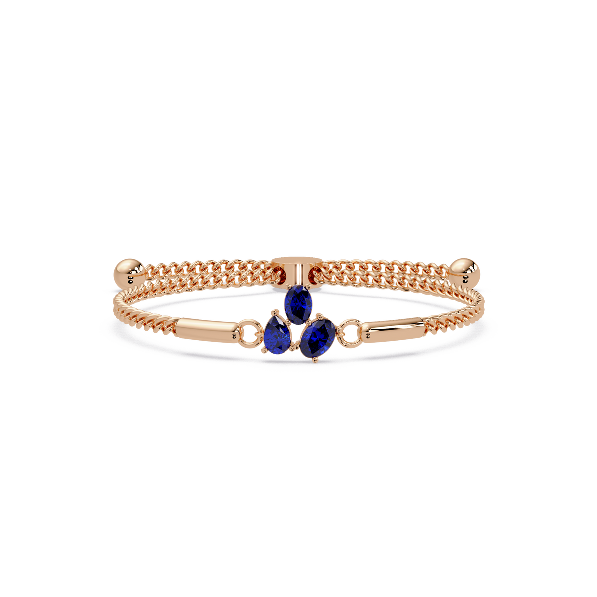 Three-stone pear and oval colorstone hinged bangle in rose gold with sapphire stones