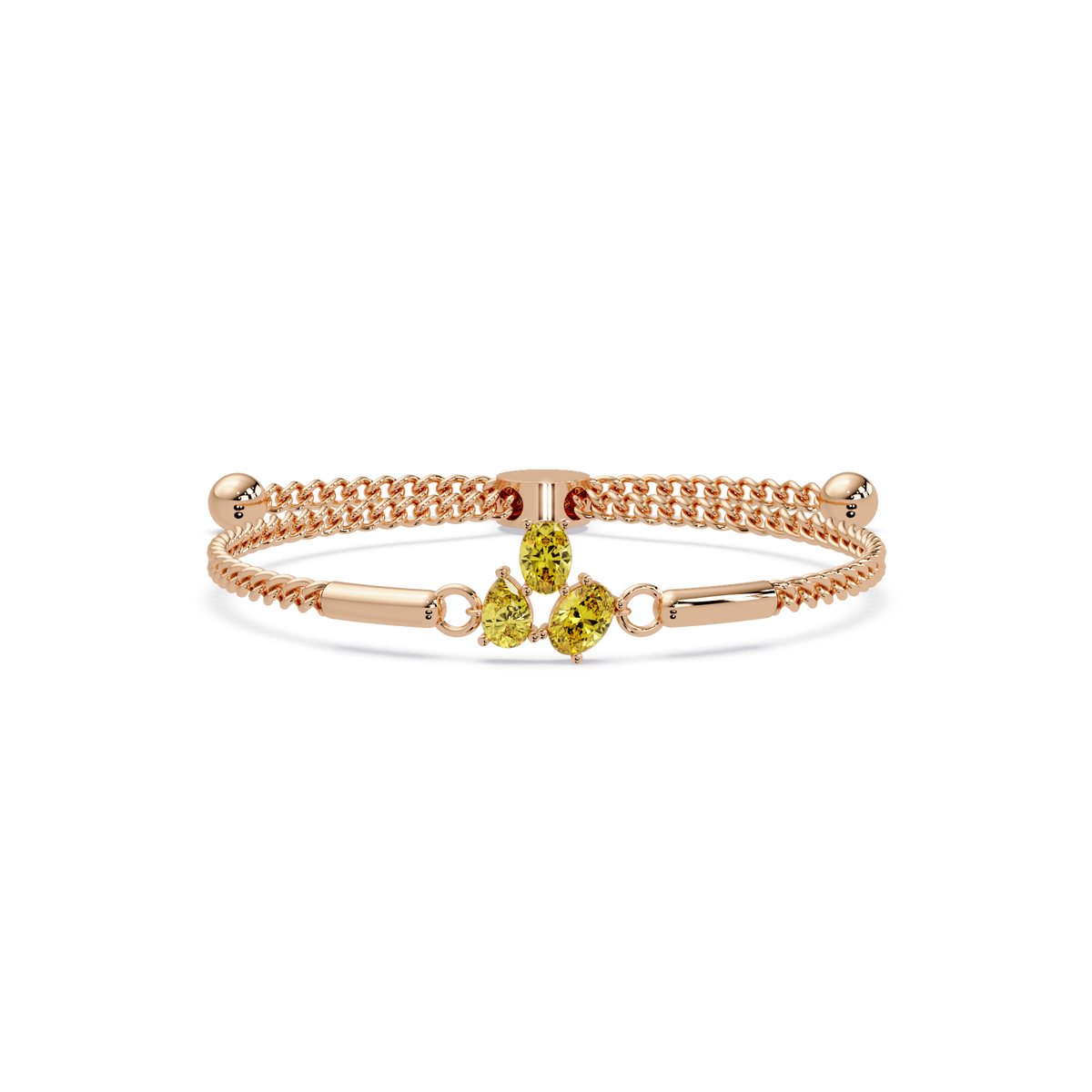 Three-stone pear and oval colorstone hinged bangle in rose gold with yellow stones