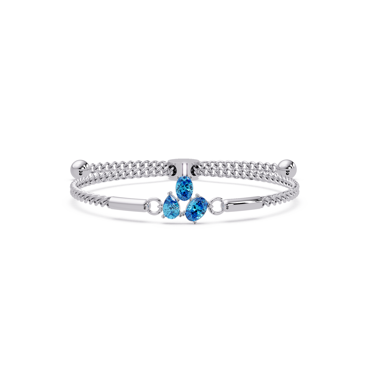 Three-stone pear and oval colorstone hinged bangle in white gold with aquamarine stones