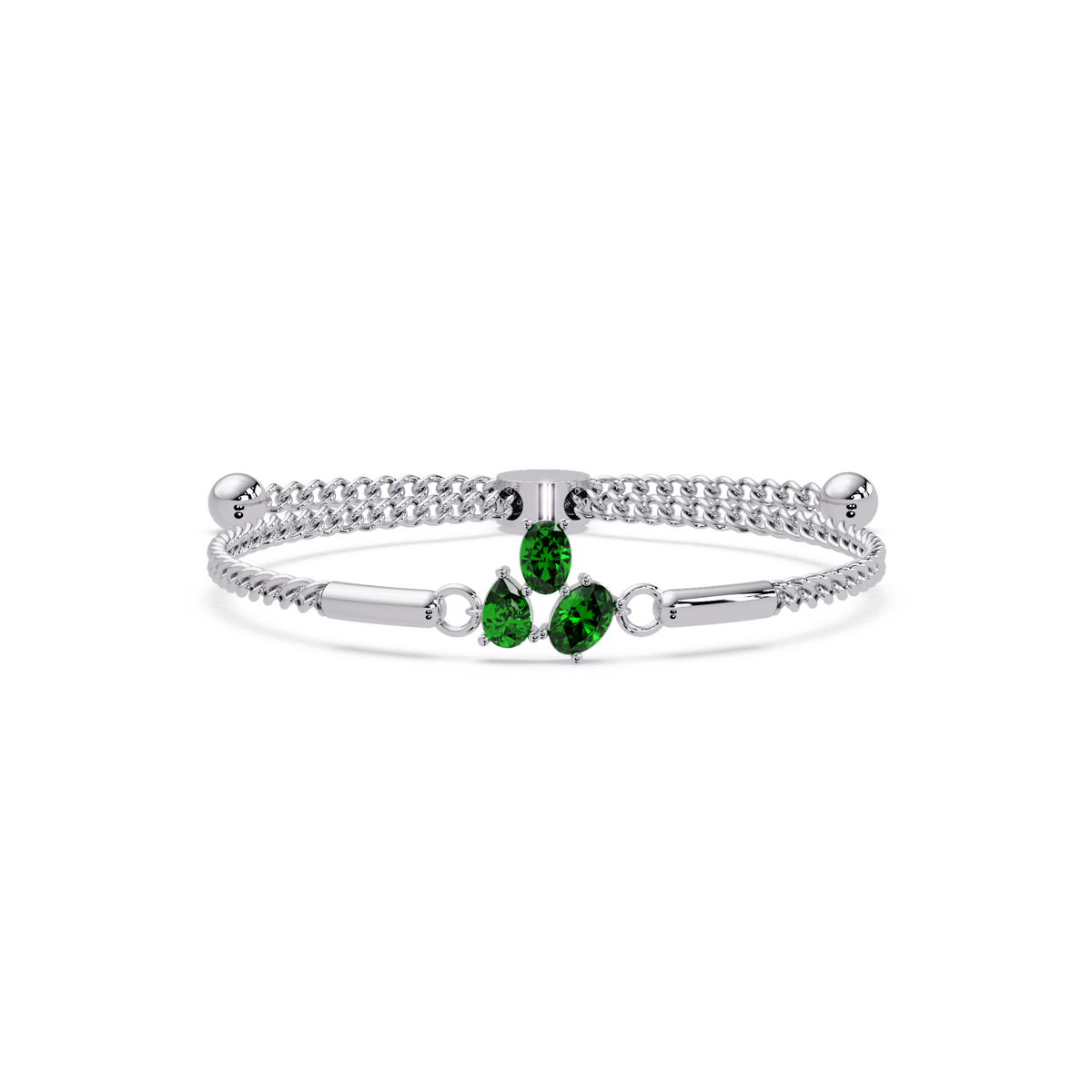 Three-stone pear and oval colorstone hinged bangle in white gold with green stones