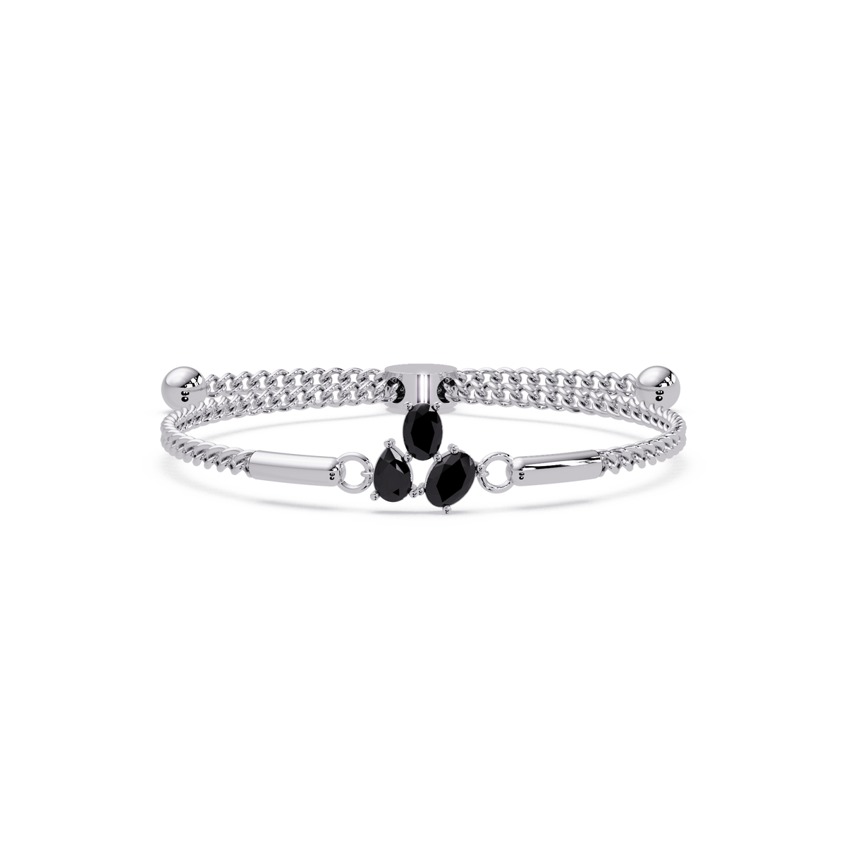 Three-stone pear and oval colorstone hinged bangle in white gold with onyx stones