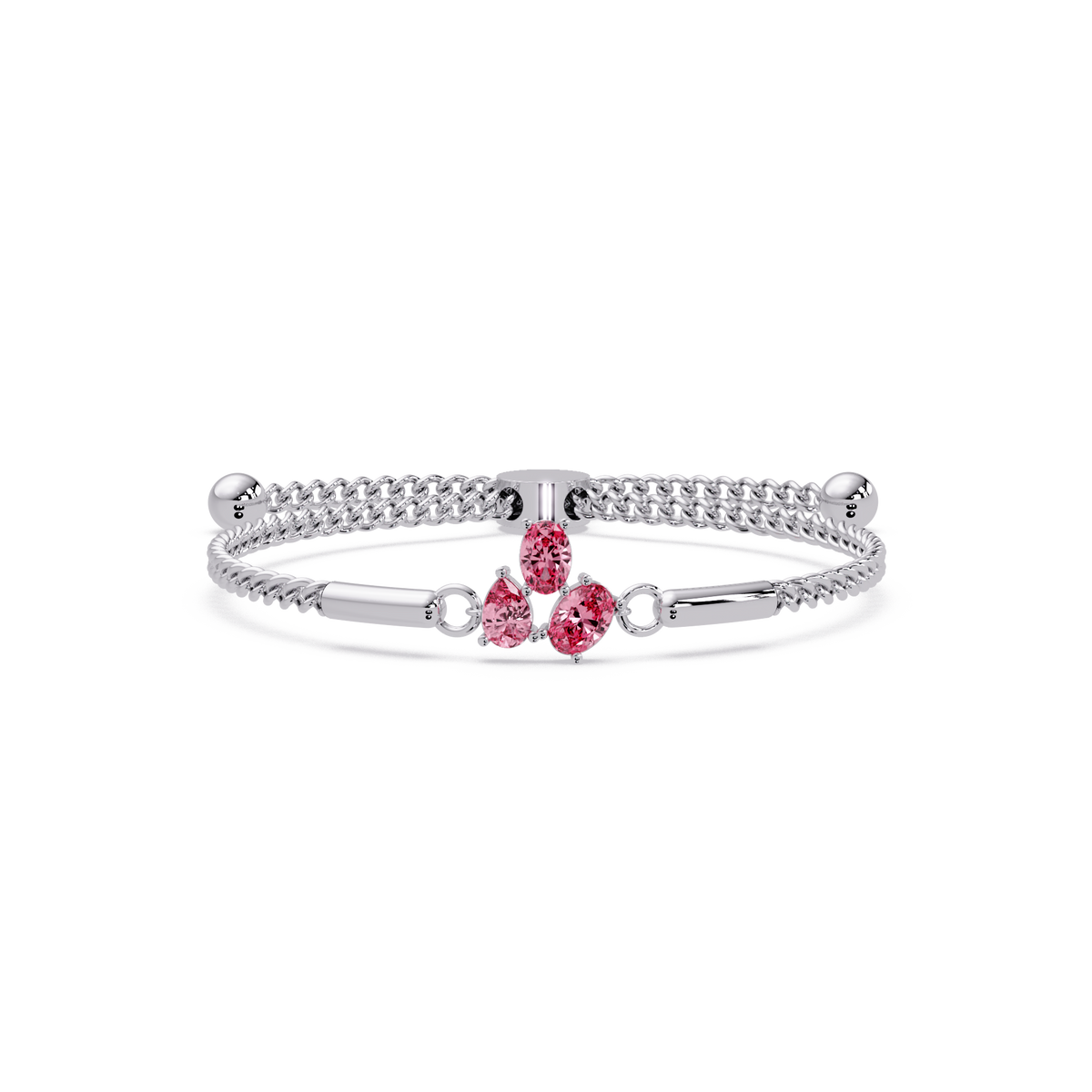 Three-stone pear and oval colorstone hinged bangle in white gold with pink stones