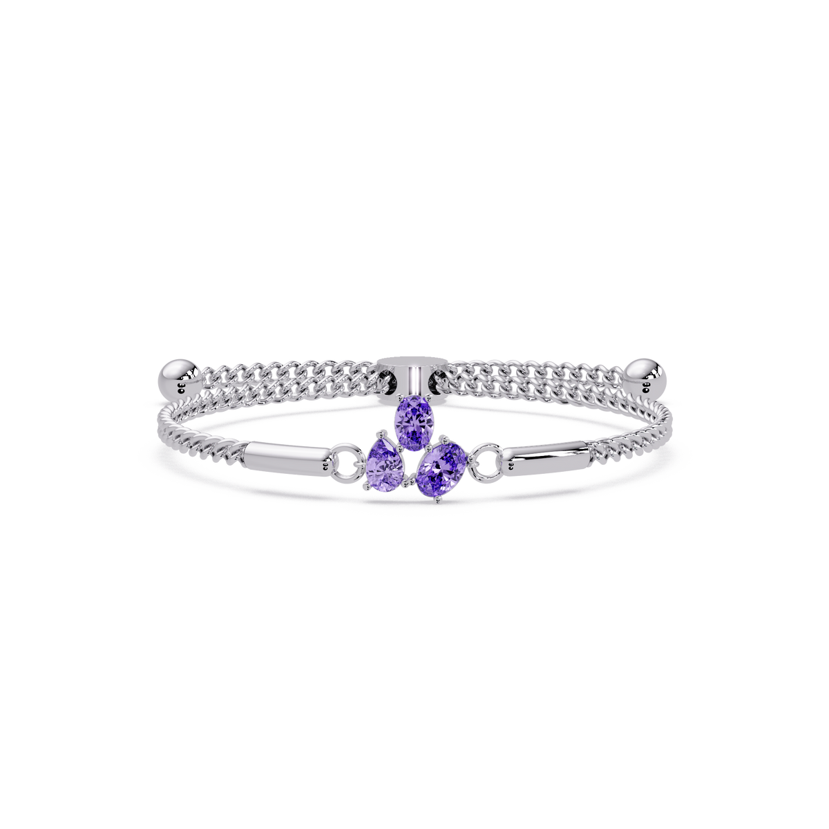 Three-stone pear and oval colorstone hinged bangle in white gold with purple stones